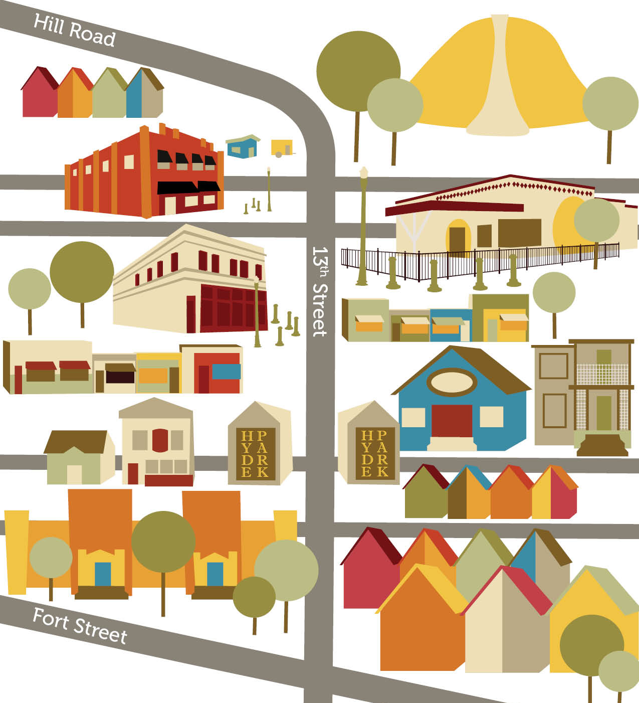 stylized map showing 13th street with illustrated buildings along it