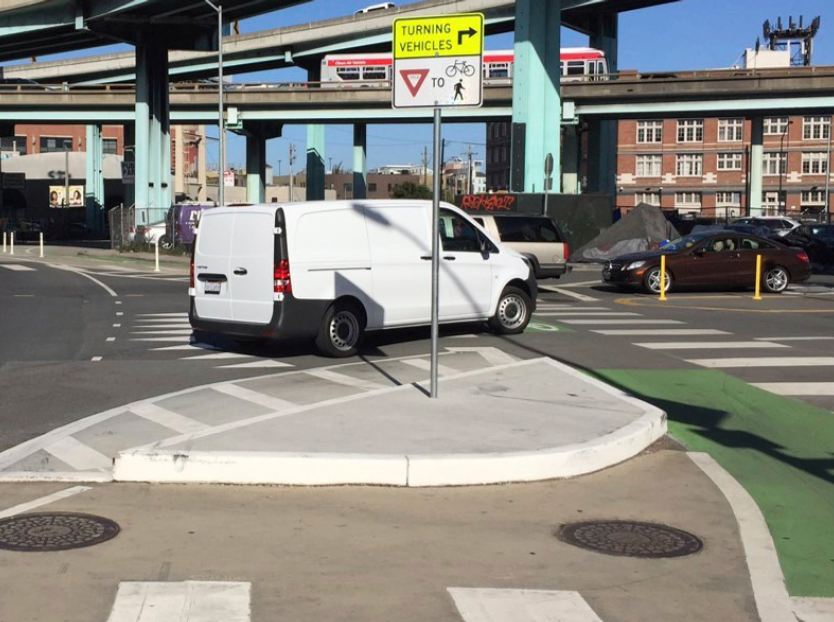 Photo of pedestrian and bicycle facilities to make crossing an intersection safer
