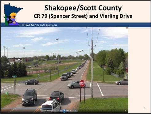 Shakopee/Scott County CR 79 (Spencer Street) and Vireling Drive before: a 4-way intersection
