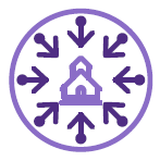 A circle icon with 8 surrounding arrows within said circle. All arrows point to an icon of a school.