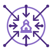 A circle icon with 8 surrounding arrows. Two start within the circle. Two start on the circle's edge. Four start outside of the circle. All arrows point to an icon of a school.