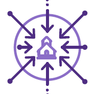 A circle icon with 8 surrounding arrows. All the arrows start in various locations within and outside of the circle. All arrows point to an icon of a school.
