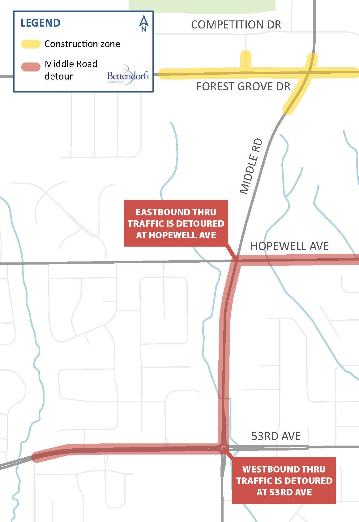 Construction zone along Forest Grove Drive, south of the Sports Complex and at the intersection of Middle Rd. Detour is Middle Rd. north of I-80, Indiana Ave, and Wells Ferry Rd.