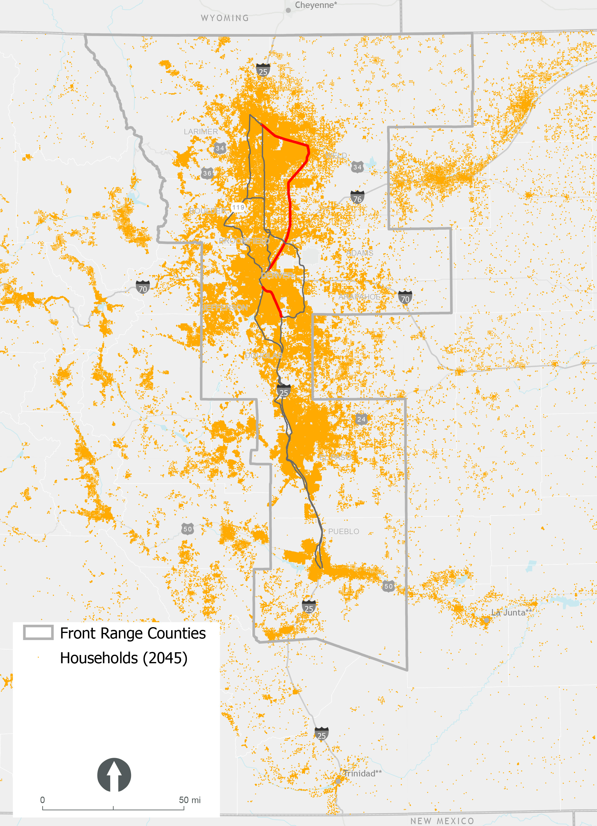 Map showing density of households along Front Range