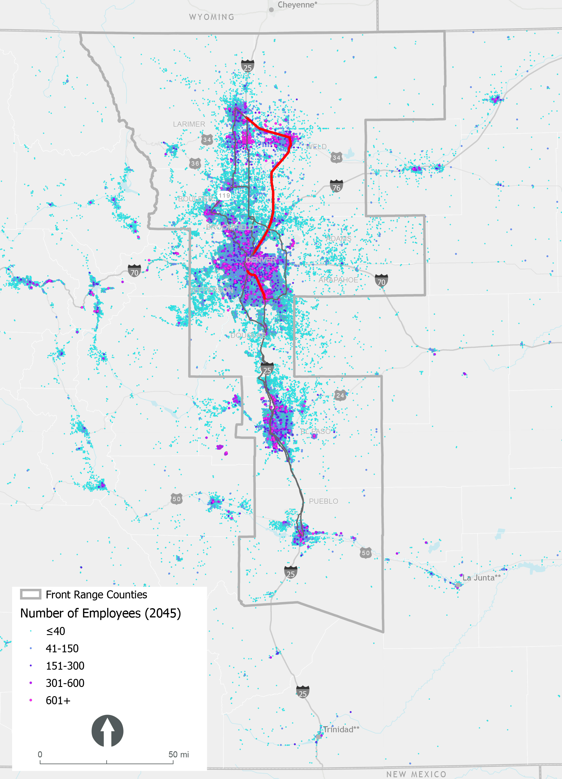 Map showing density of workers along Front Range