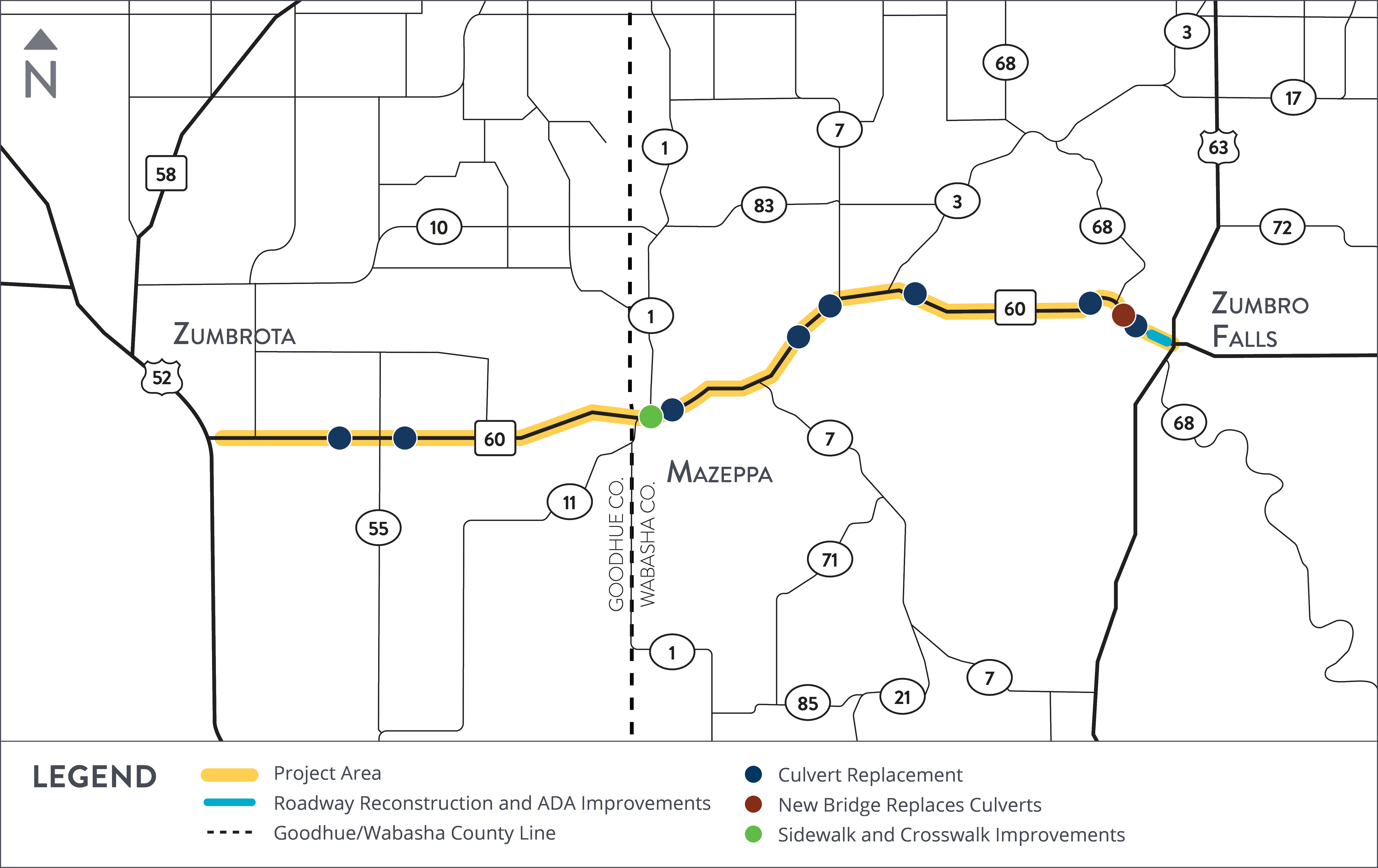 The project area runs west from Zumbro falls to Zumbrota on Interstate 60. Blue dots indicate culvert replacements, a red dot indicates a bridge replacement in the east and a green dot indicates intersection and ADA improvements at the cross section of goodhije colorado and route 60.