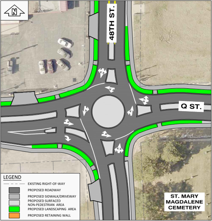 Graphic depicting mini-roundabout intersection type at 48th street and Q street