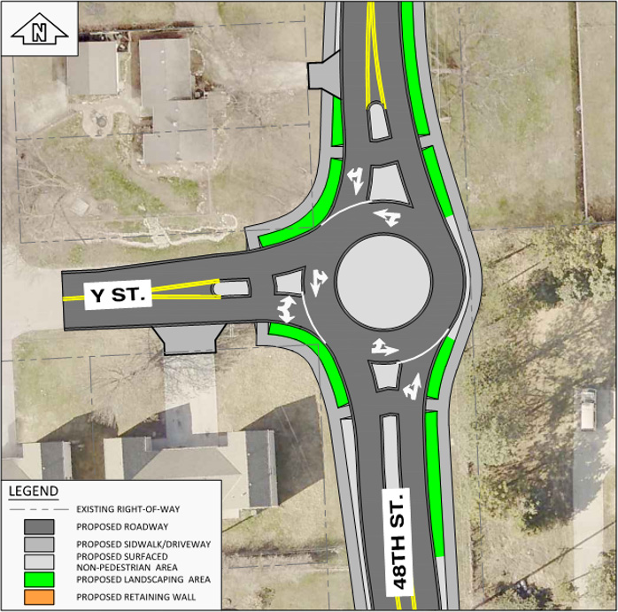 Graphic depicting mini-roundabout intersection type at 48th street and Y street