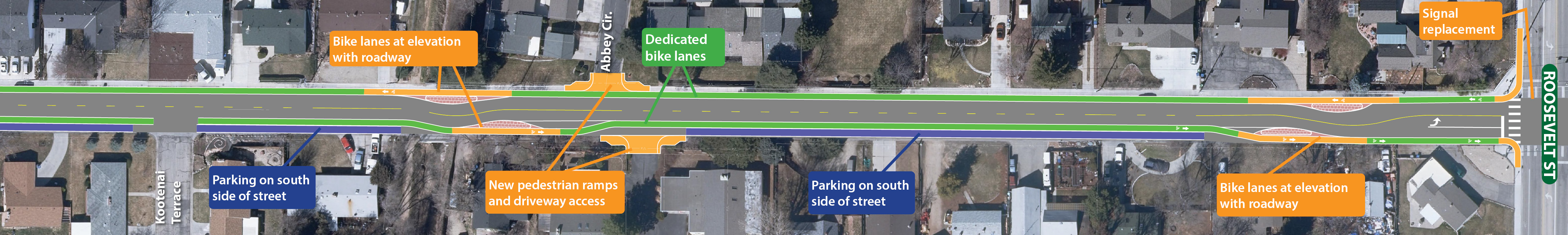 Map of traffic calming features at Kootenai Terrace to Roosevelt Street.