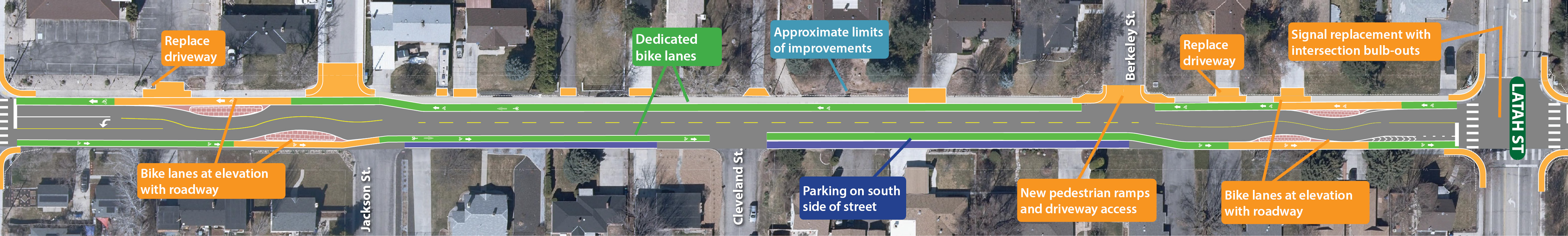 Map of traffic calming features at Roosevelt Street to Latah Street.