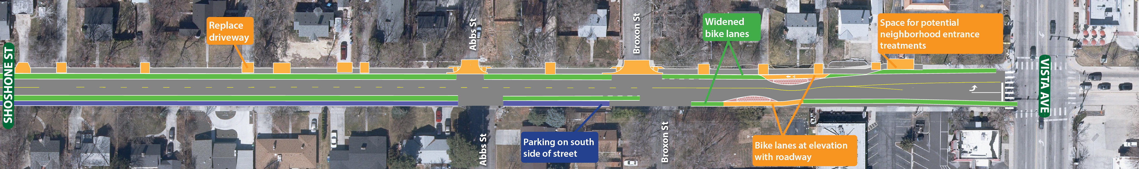 Map of traffic calming features at Shoshone Street to Vista Avenue.