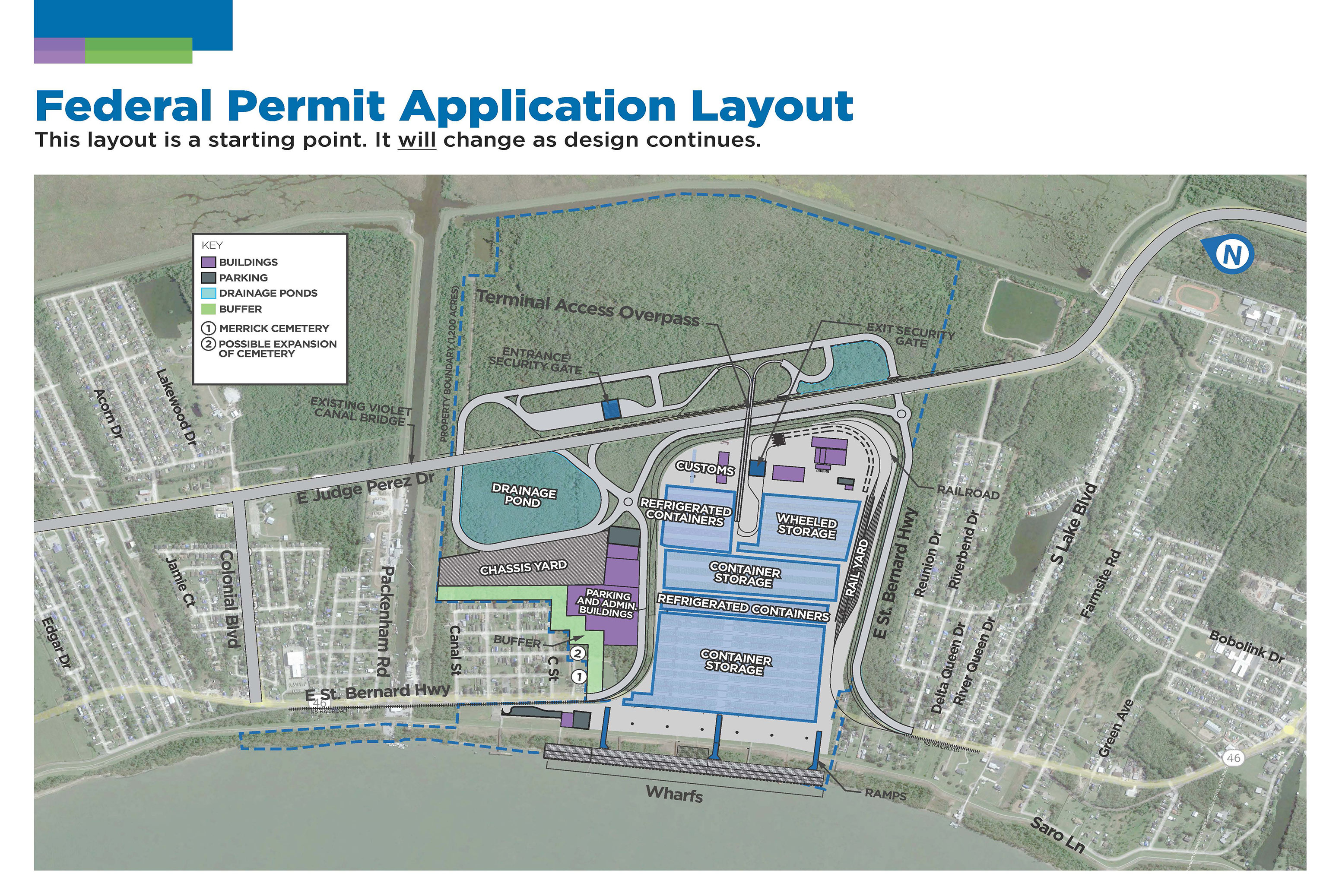 Labeled map of the permit application terminal layout, showing container storage on the terminal, St. Bernard Highway and rail lines looping around the terminal to the east, a buffer area separating the terminal from residential neighbors, drainage ponds near Judge Perez Drive, and access roads on Judge Perez Drive.