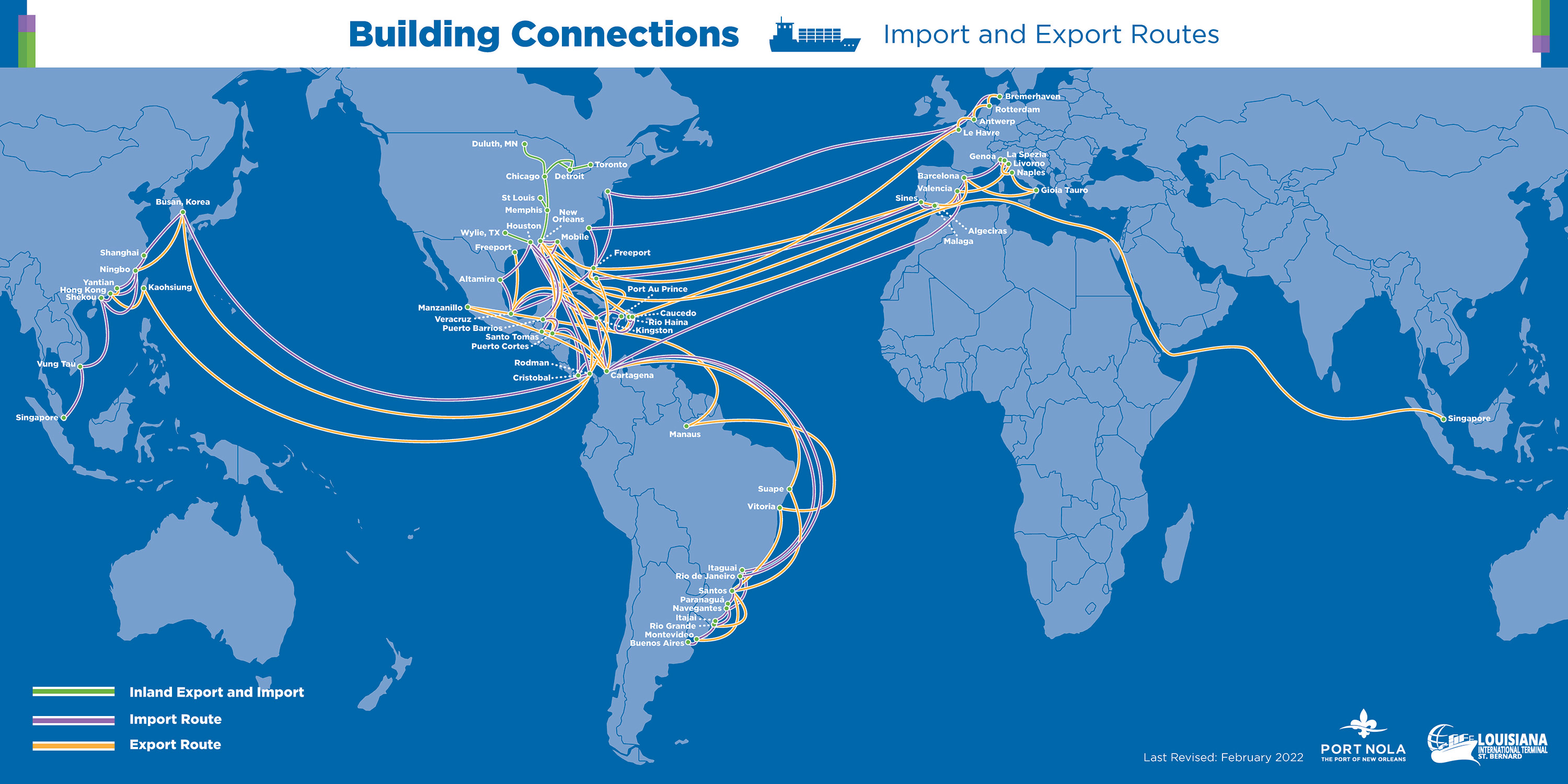 World map showing import and export routes for the Port of New Orleans and the proposed Louisiana International Terminal. 