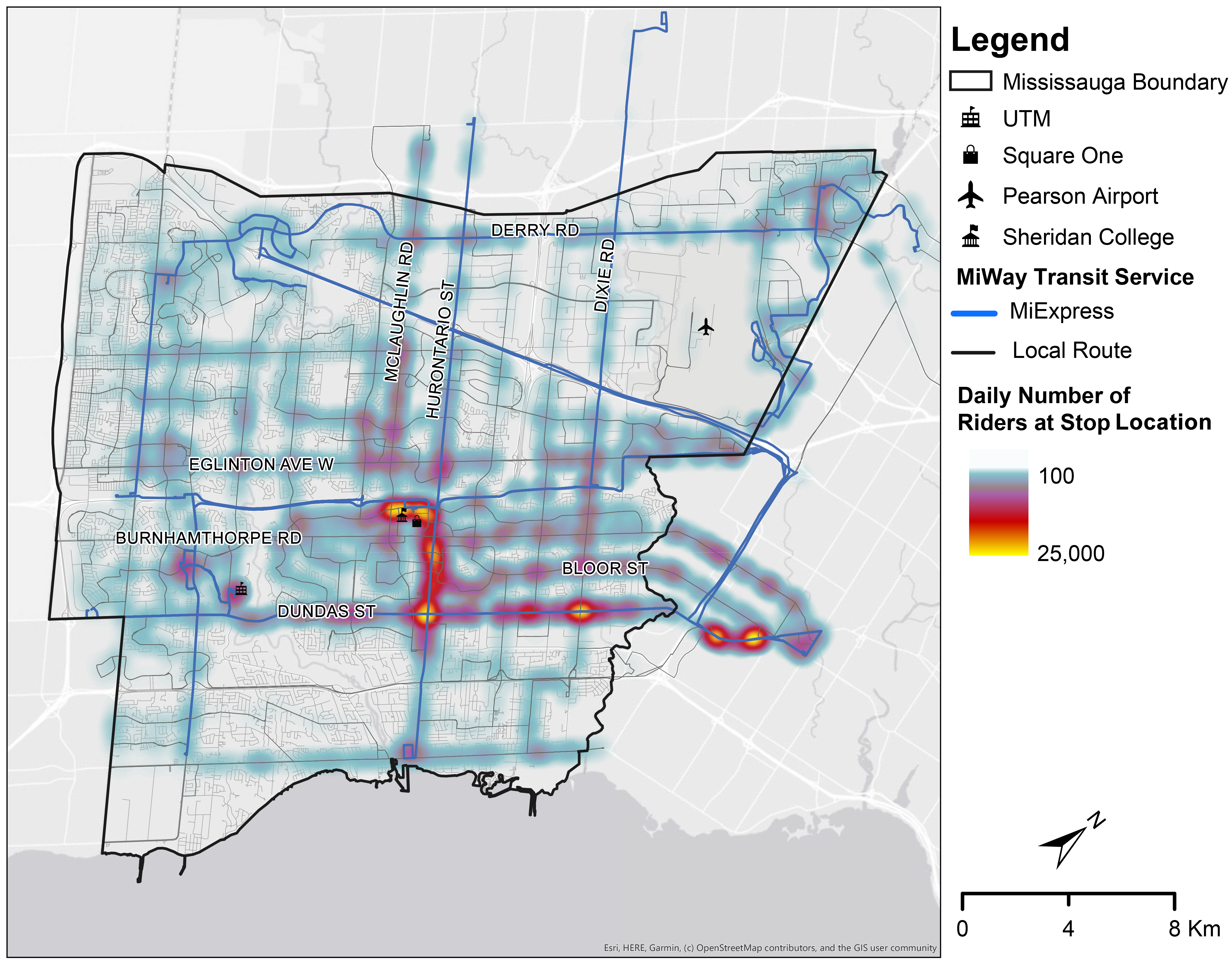 A heat map showing daily transit rider stops.