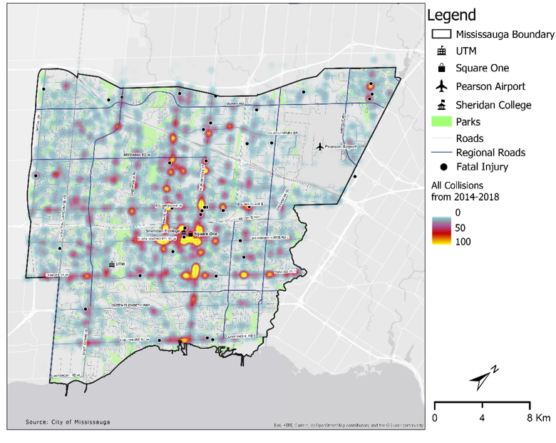 A heatmap showing collision hotspots in Mississauga.