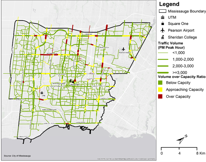 A map showing existing capacity ratios for traffic on Missuage streets