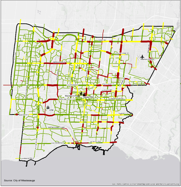 A map showing forcasted capacity ratios for traffic on Missuage streets