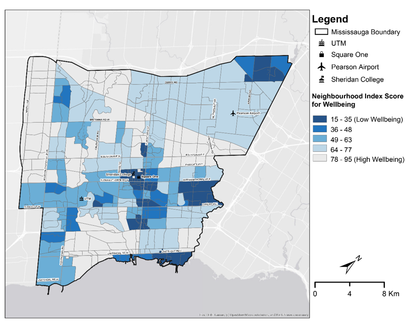 A colormap showing poor to good wellbeing densities in Mississauga.