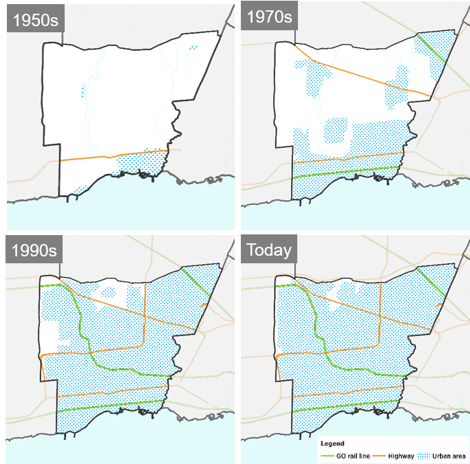A two by two grid showing inscreased urban development in Mississauga from the 1950s, 1970s, 1990s, and today.The decades each have a map to fill on of the grids.