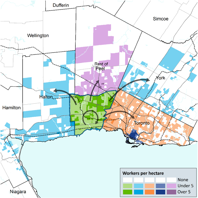 A map showing where Mississauga residents work.