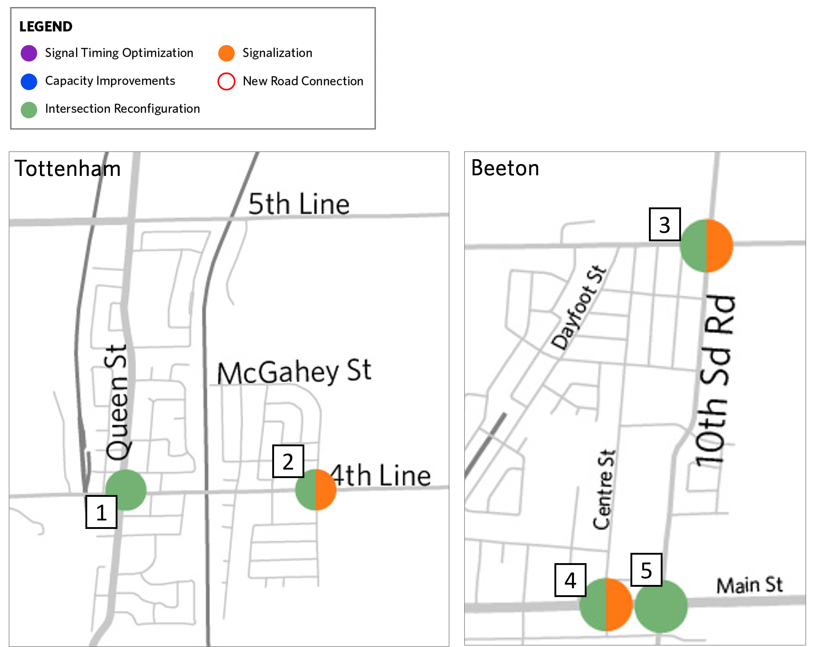 This map illustrates where intersection improvements are recommended in Tottenham. This map illustrates where intersection improvements are recommended in Beeton.
