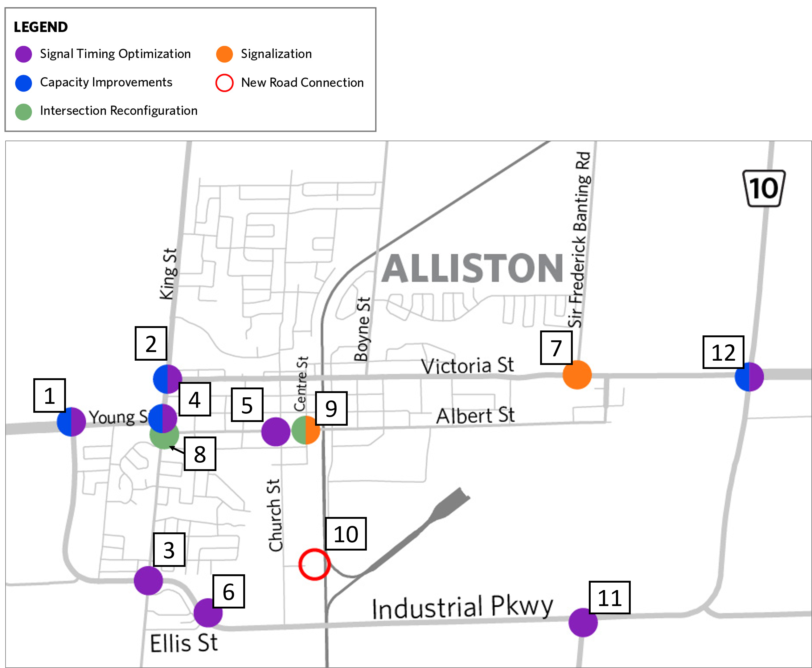 This map illustrates where intersection improvements are recommended in Alliston