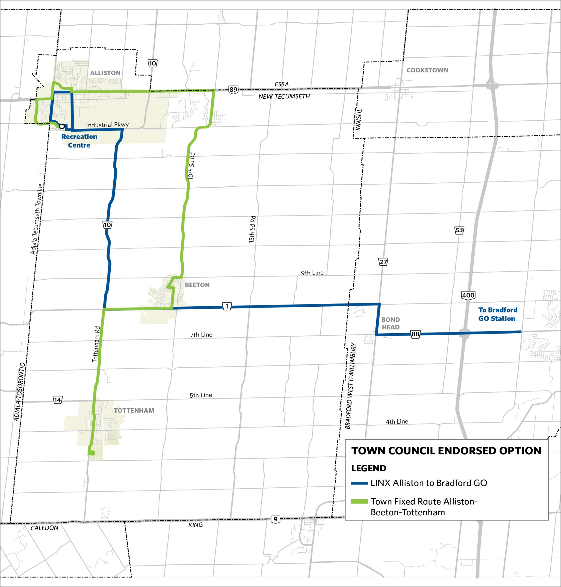 This map illustrates the Preliminary Route for fixed route transit service connecting Alliston, Beeton and Tottenham.