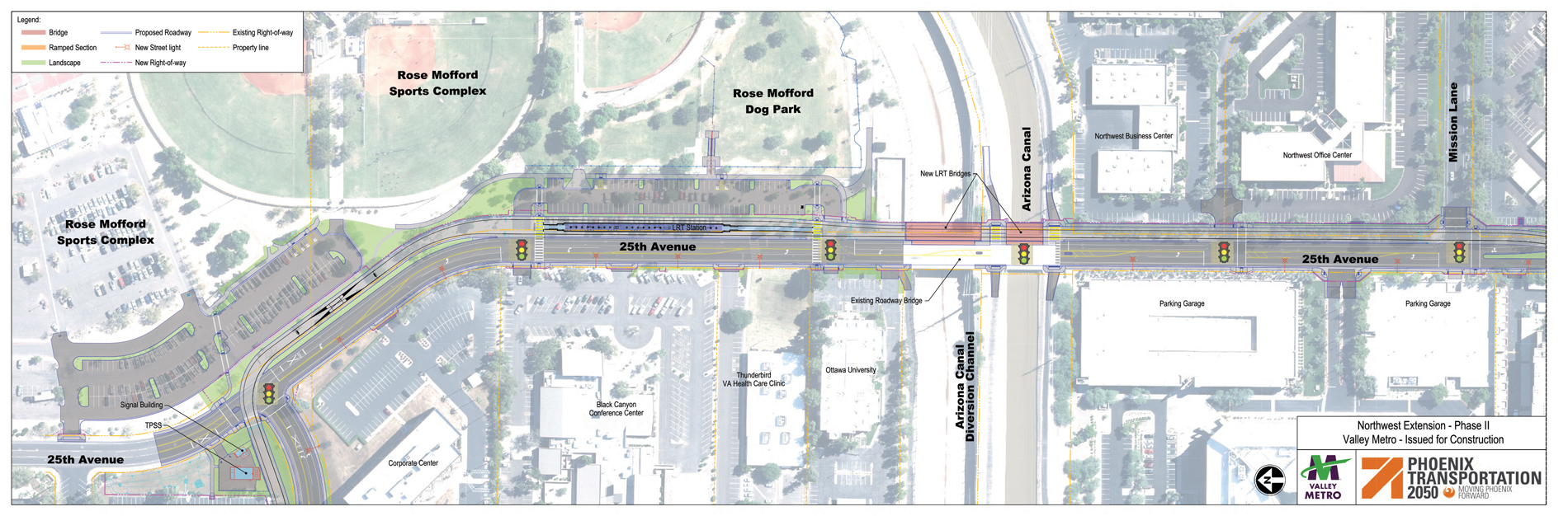 Final design for the 25th Ave. corridor is shown from where the tracks turn north at Dunlap Ave. and extending to Mountain View Rd., where the tracks turn and head west. Along 25th Ave., the tracks are aligned east of the roadway. A light rail station is shown adjacent to the Rose Mofford Dog Park.
                         
