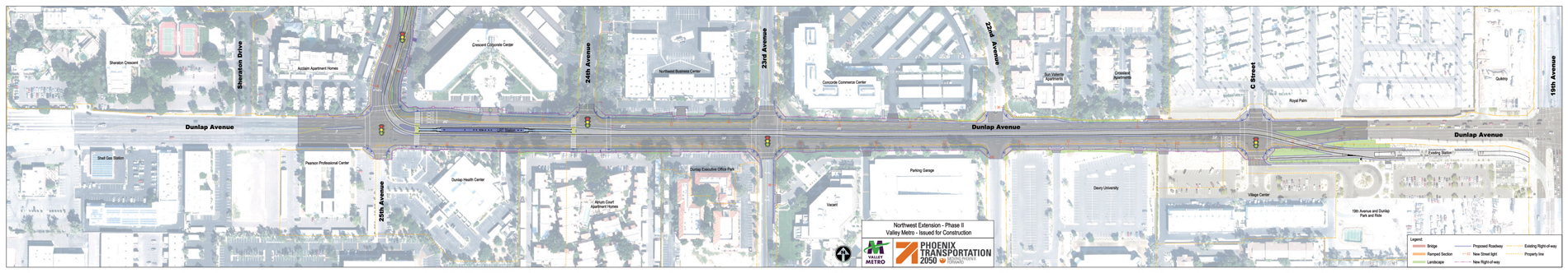 Final design for the Dunlap Ave. corridor is shown with light rail tracks progressing west from the current Dunlap and 19th avenues Park-and-Ride to 25th Ave., where the tracks will turn and head north. Along Dunlap Ave. at 19th Ave., the tracks are aligned on the south side of the street. Moving west, the tracks move to the middle of the street from C Street to near 25th Ave. A new light rail station is shown at Dunlap Ave., just before 25th Ave.