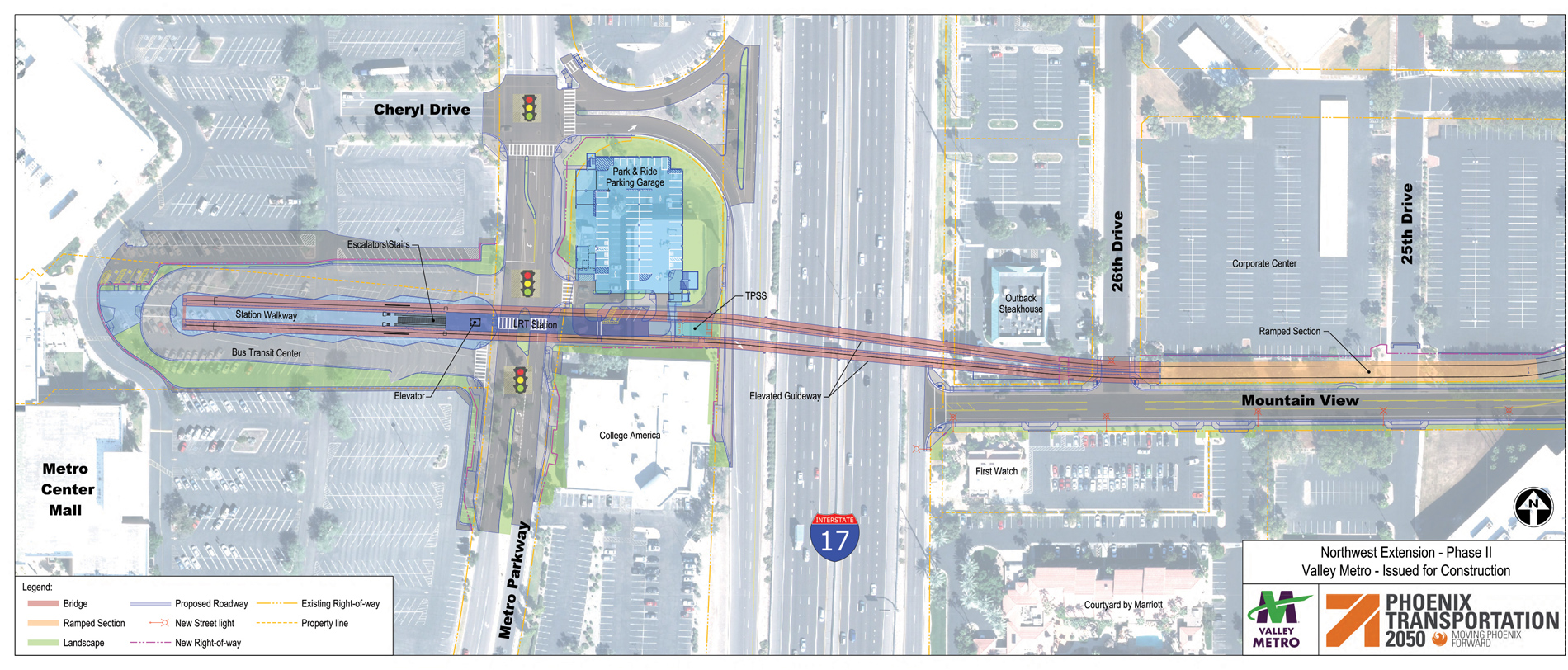Final design for the Mountain View Road alignment is shown from where the tracks turn west from 25th Ave. to the end-of-line adjacent to the former Metrocenter Mall. The tracks are aligned north of the roadway and cross over I-17 on two (light rail only) bridges. The end-of-line has a light rail station, which is elevated. Below the station is a transit center, which will be relocated from the existing one, currently located near the southwest mall property. Adjacent to the light rail station is a four-story park-and-ride garage for transit users, which will accommodate approximately 260 vehicles.