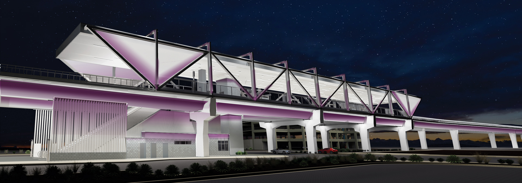 The rendering shows the future Metrocenter station (looking northeast). The station is elevated with geometric triangular shapes surrounding the light rail platform. The rendering is a nighttime view with purple accent lights. The color of the lights will be adjustable.