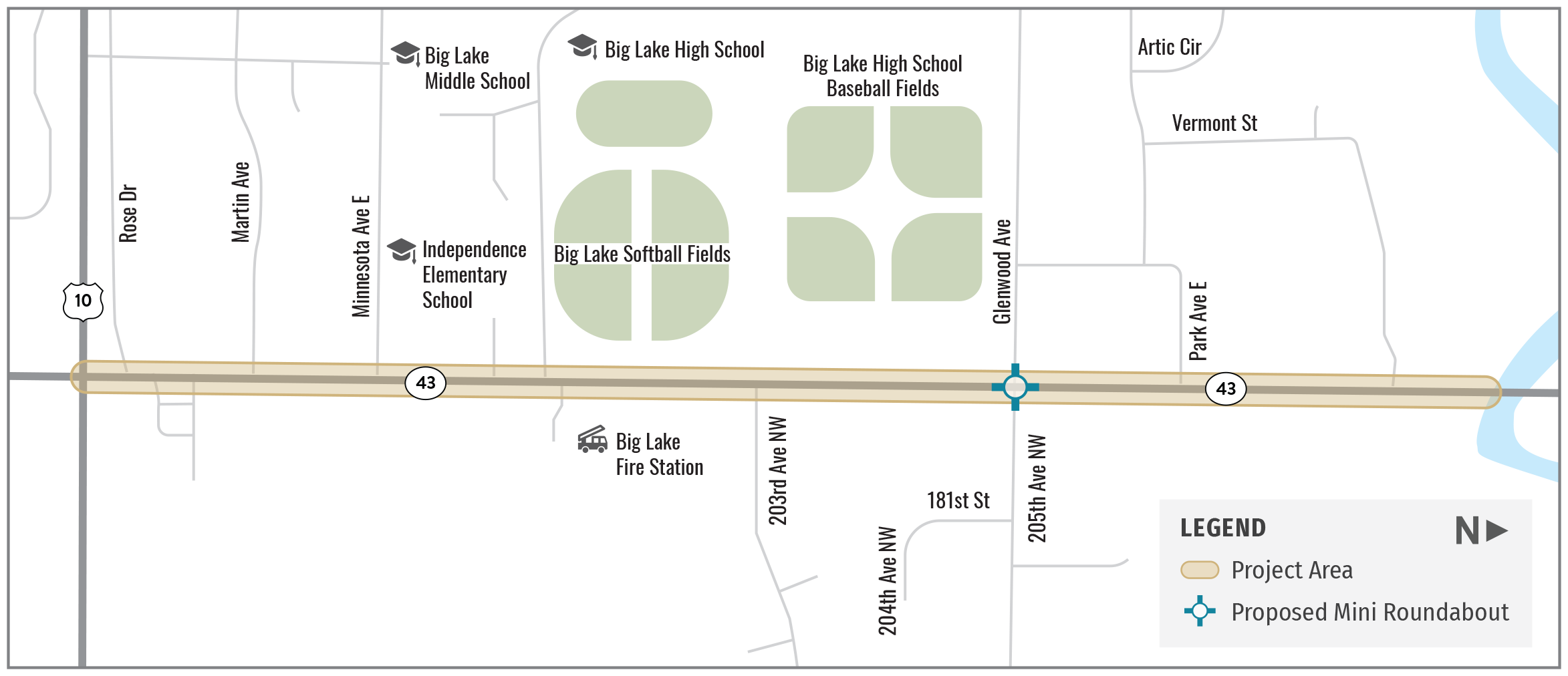 a map of the project area in Sherburne County, It goes along Highway 43 from Jeffereson Blvd northward with a roundabout at 205th ave NW.