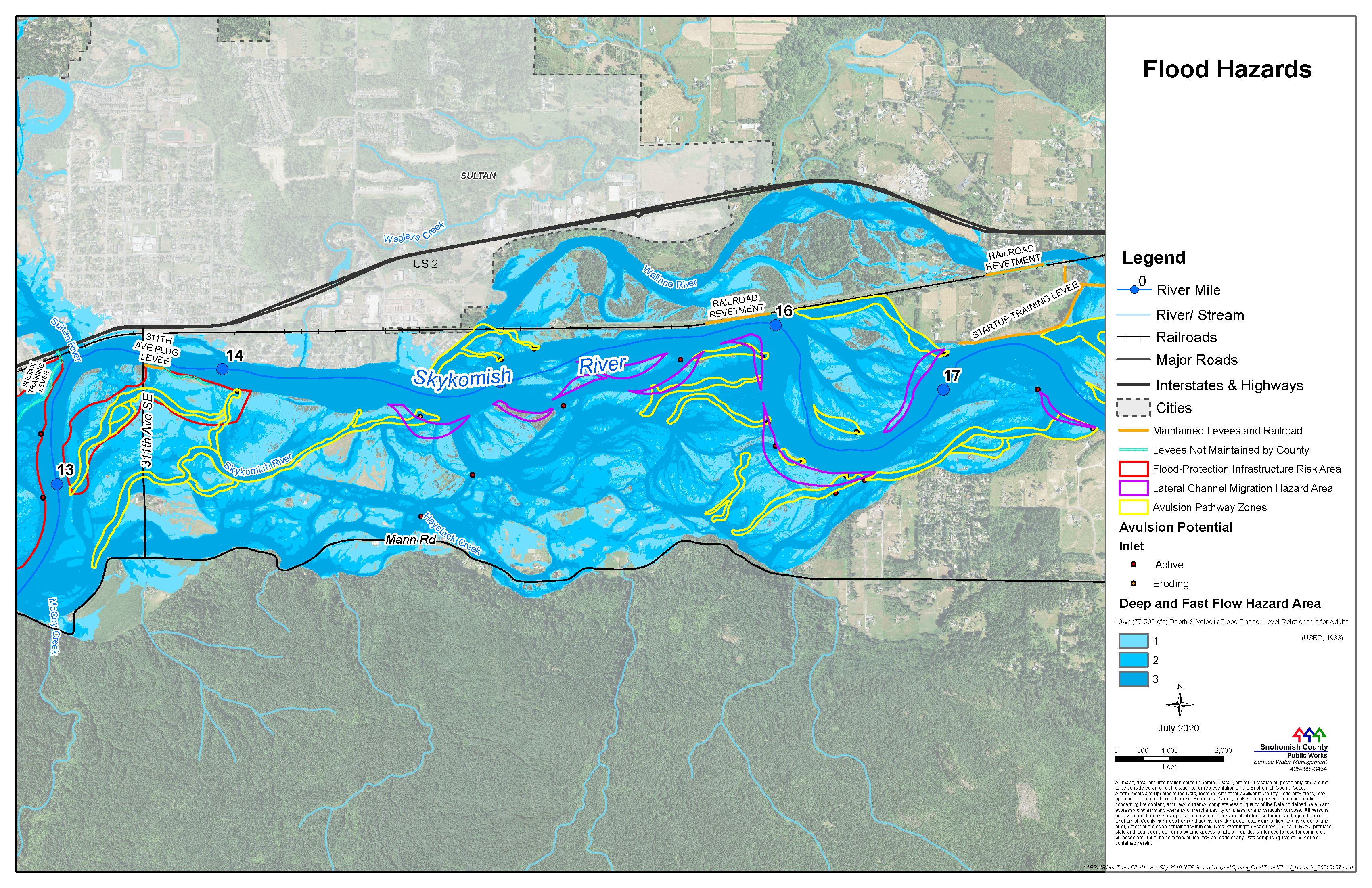 Map of Flood Hazards along skykomish River. There are legends for River Mile, River/Stream, Railroads, major roads, Interstates and highways. Boundaries with dotted black lines represent cities. Orange lines represent maintained levess and railroads. Light blue tracks represent levees not maintained by County. Red line boundary represents Flood protection infrastructure risk area. Purple line boundary represents lateral channel migration hazard area. Yellow line boundary represents avulsion pathway zones. Avulsion potential inlet is active or eroding. Deep and fast flow hazarad area is light medium or dark blue at levels 1 2 and 3 respectively.