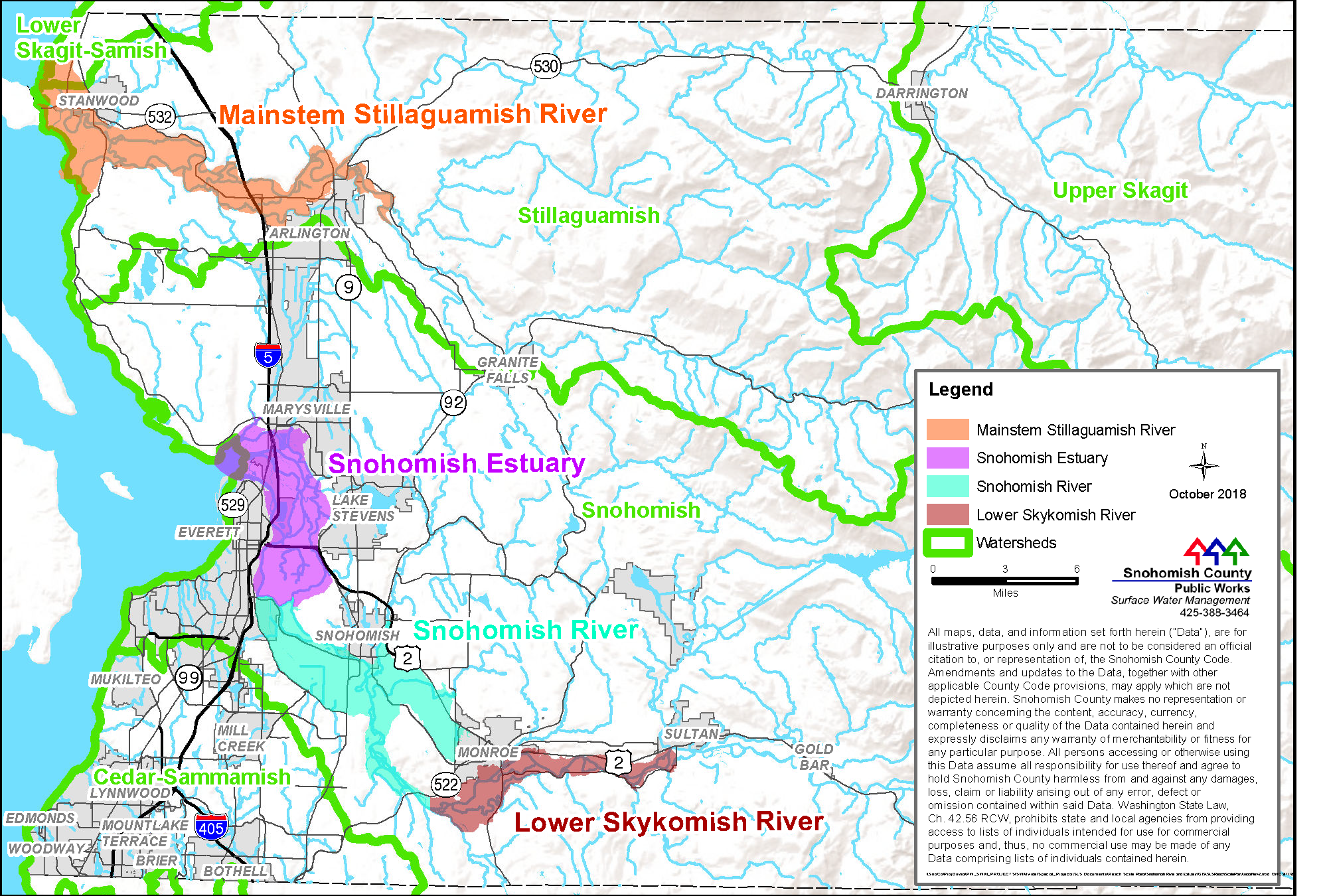 a map detailing the mainstem stillaguamish river is in the north, 
                                   snohomish estuary, snohomish river, and lower skykomish river further south. Watersheds are outlined in neon green.