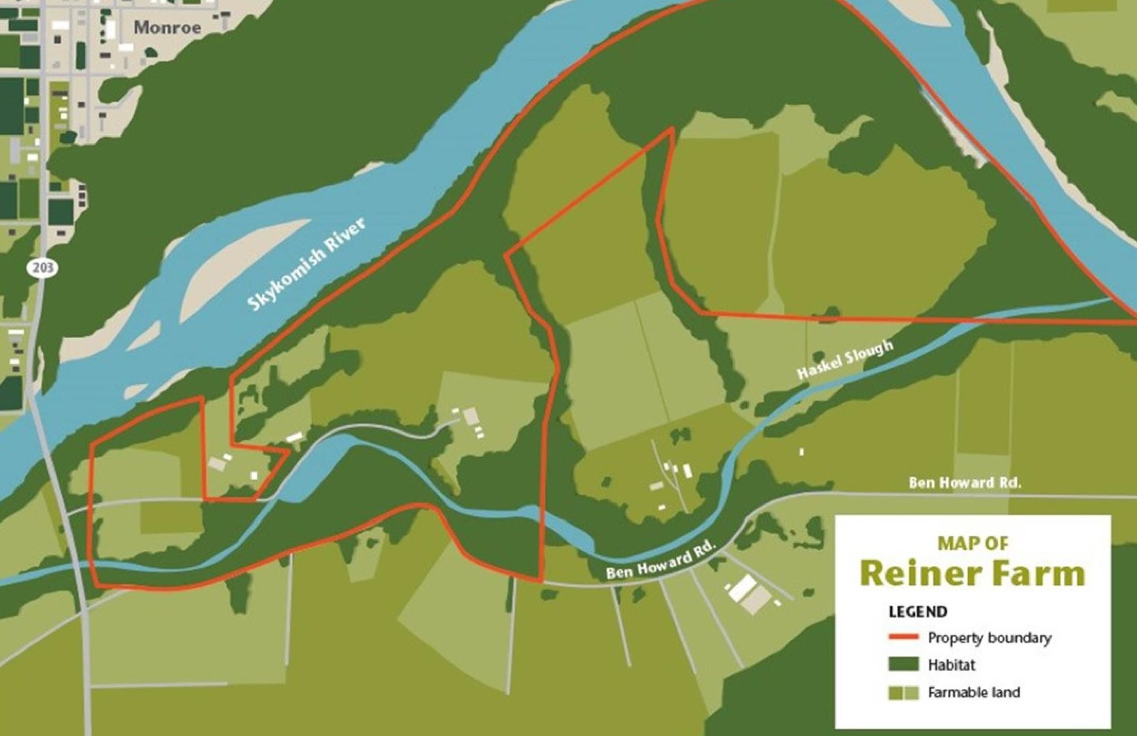 map of reiner farm. Red line represents property 
                                             boundary. dark green is habitat and light green is farmable land