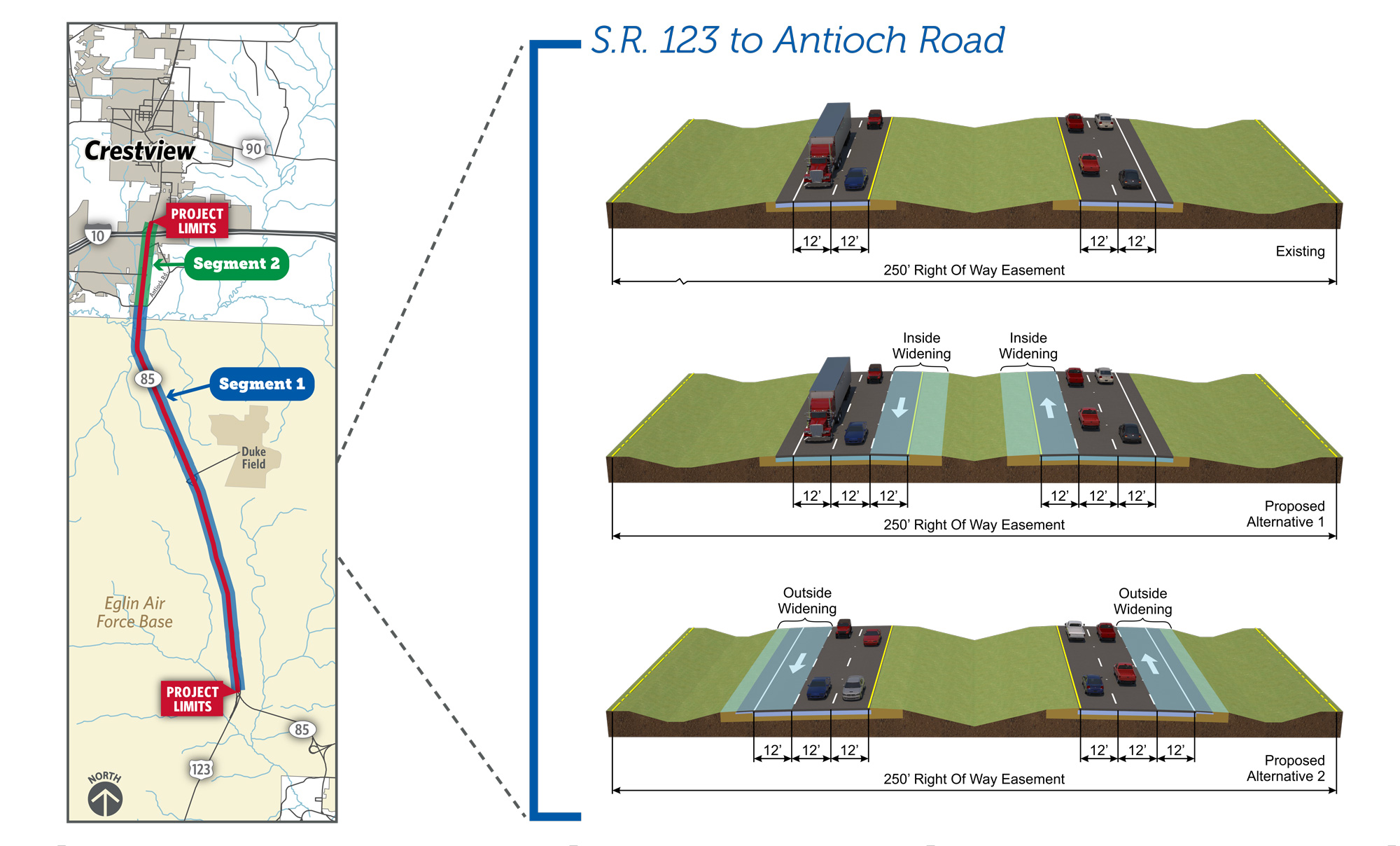 SR 123 to Antioch Rd: add another 12-foot lane to each direction of traffic on either the inside lanes of the highway or the outside lanes.