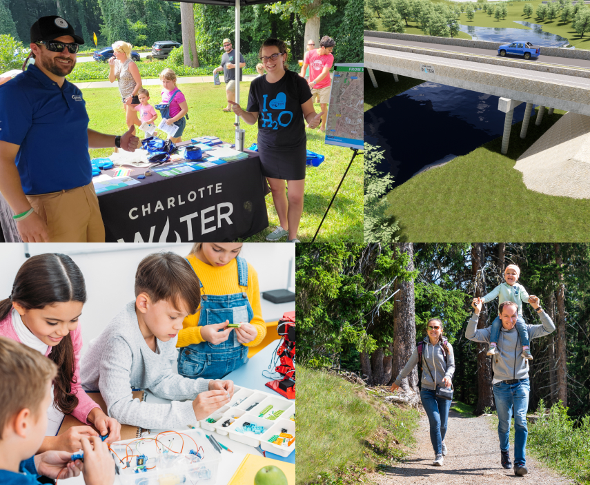 A collage of photos showing Charlotte Water employees at Whitewater Center's River Fest, a rendering of the future South Access multi-use bridge, children doing arts and crafts, and a young couple hiking with their child on the husband's shoulders. 