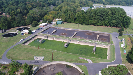 Aerial photo of the existing Belmont Wastewater Treatment Plant.