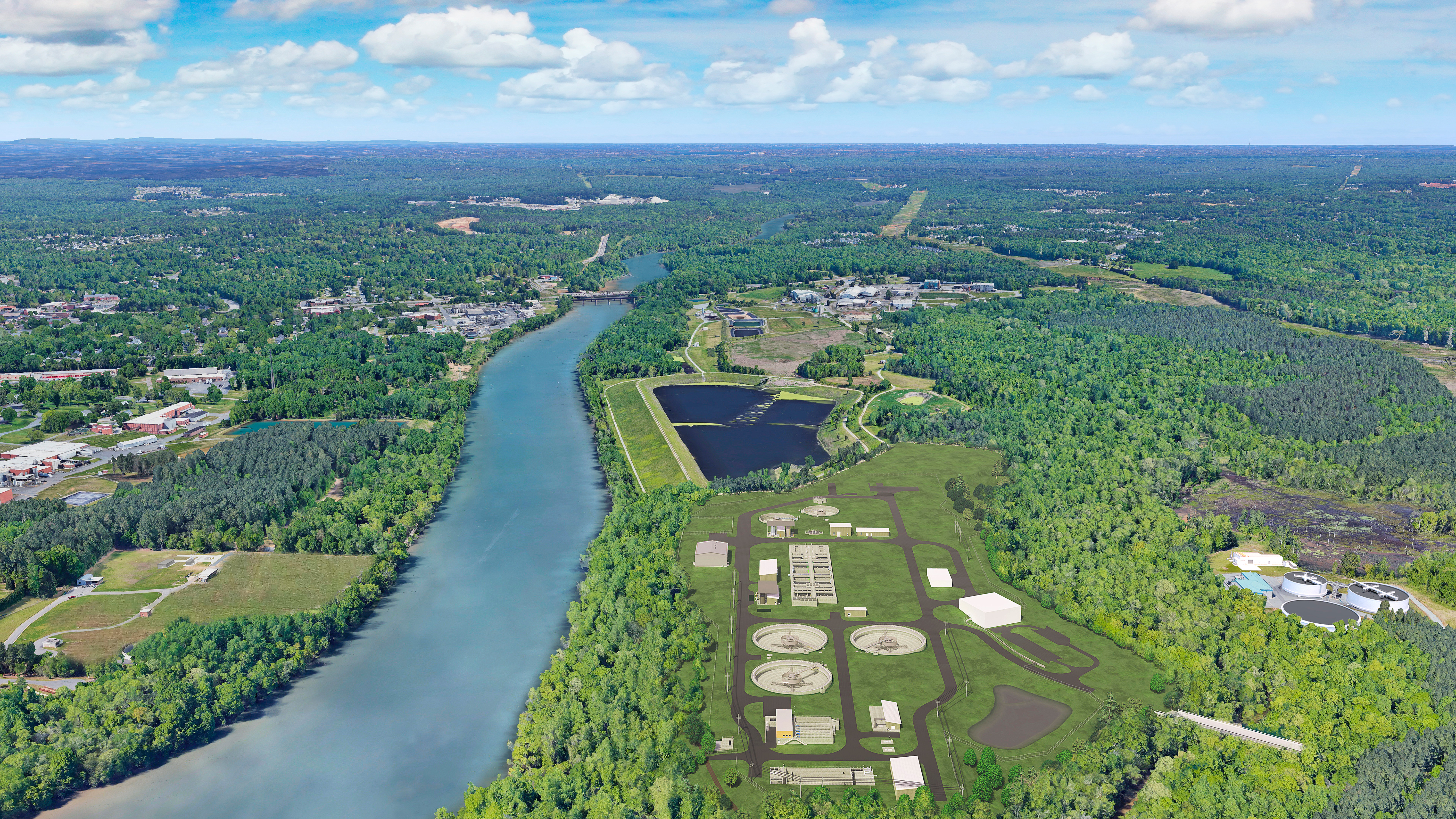 An aerial visual simulation of the future Stowe Facility.