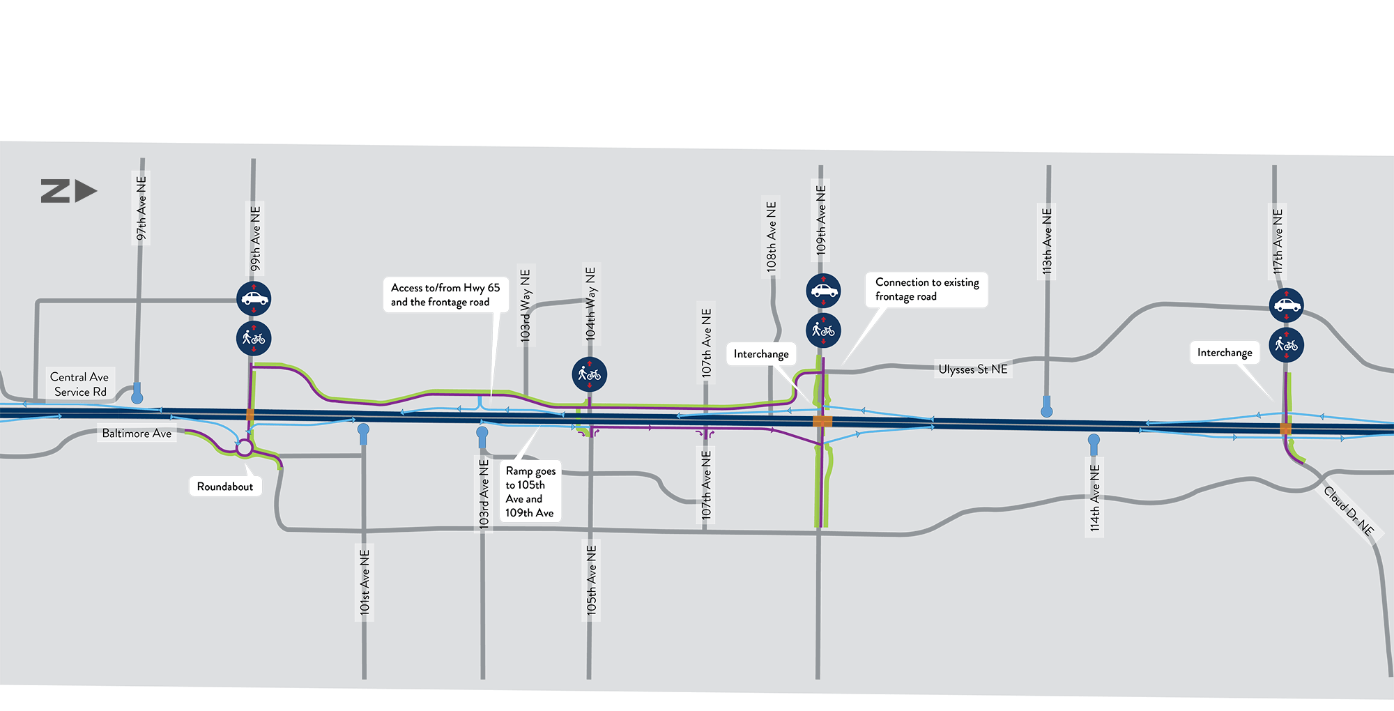 Map showing the Highway 65 corridor