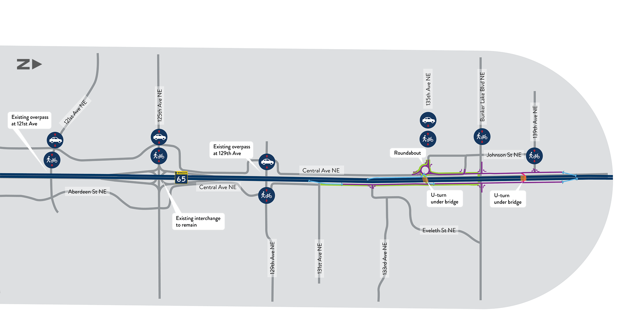 Map showing the Highway 65 corridor