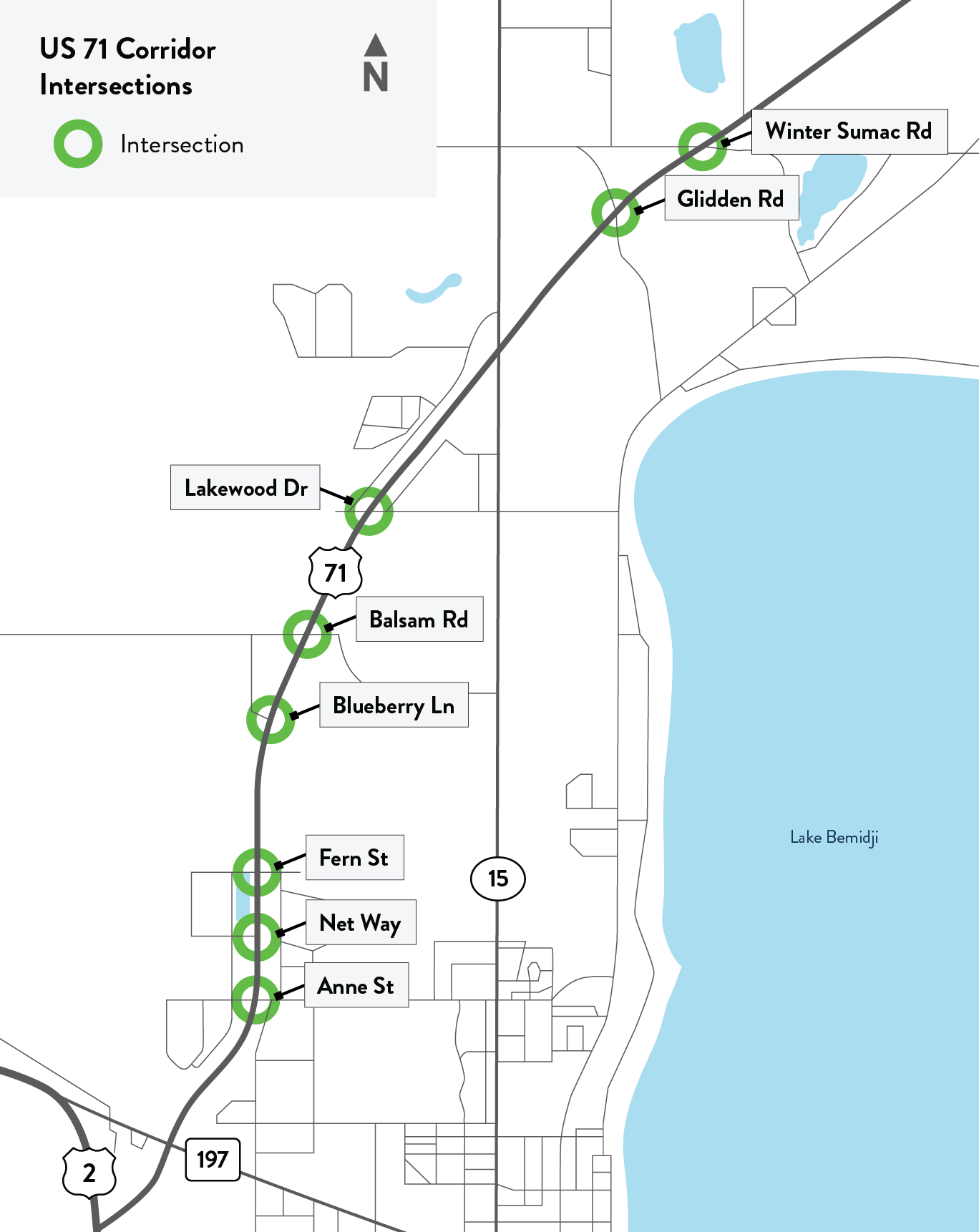 Map of seven intersections with proposed redesigns